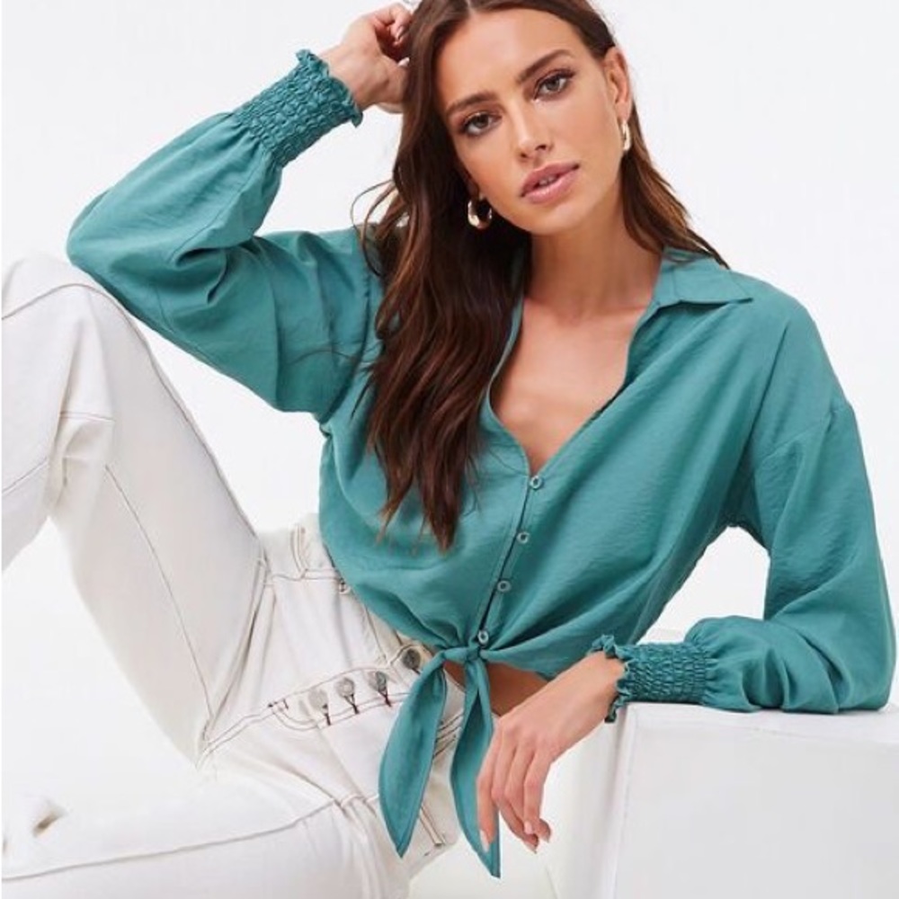Turquoise Smocked Self-Tie Buttoned Top